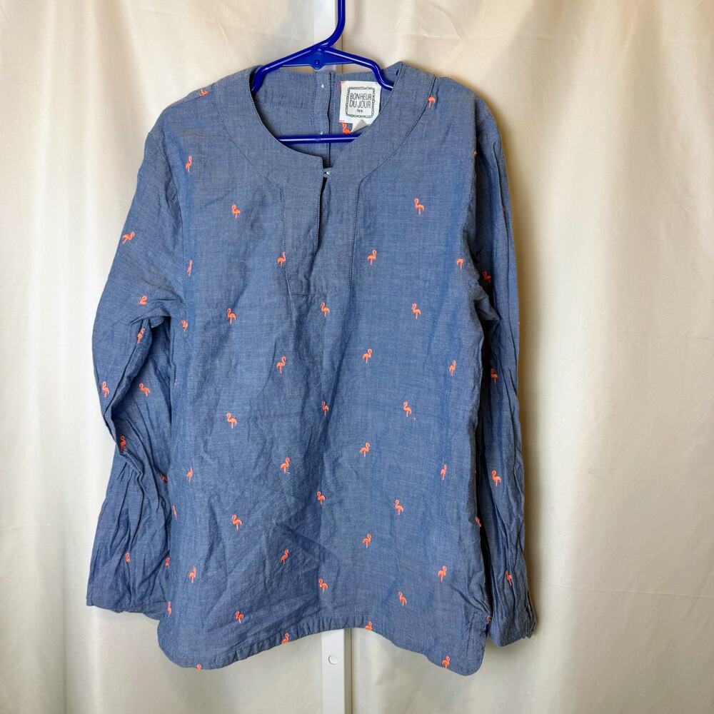 Bonheur du Jour Paris Girls 10Y Blue Embroidered Flamingo Blouse 100% Cotton‎
